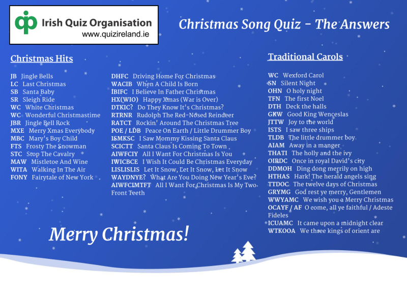 Christmas Song Quiz Answers Irish Quiz Organisation